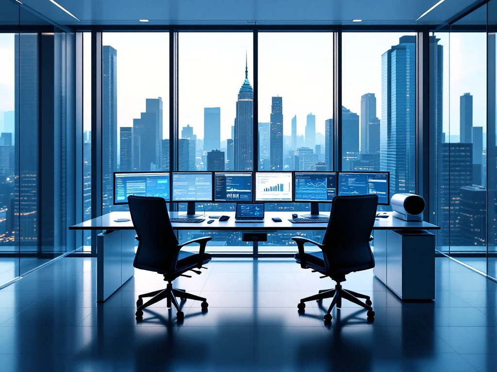 Modern cybersecurity workstation with multiple monitors in sleek office space featuring cityscape views and consultation seating arrangement.