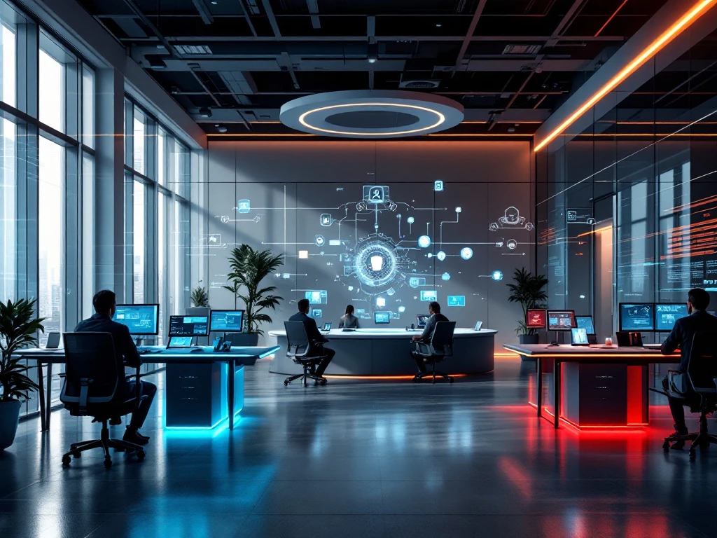 Modern cybersecurity workspace with Blue Team defensive monitors and Red Team testing stations in a light-filled office environment.