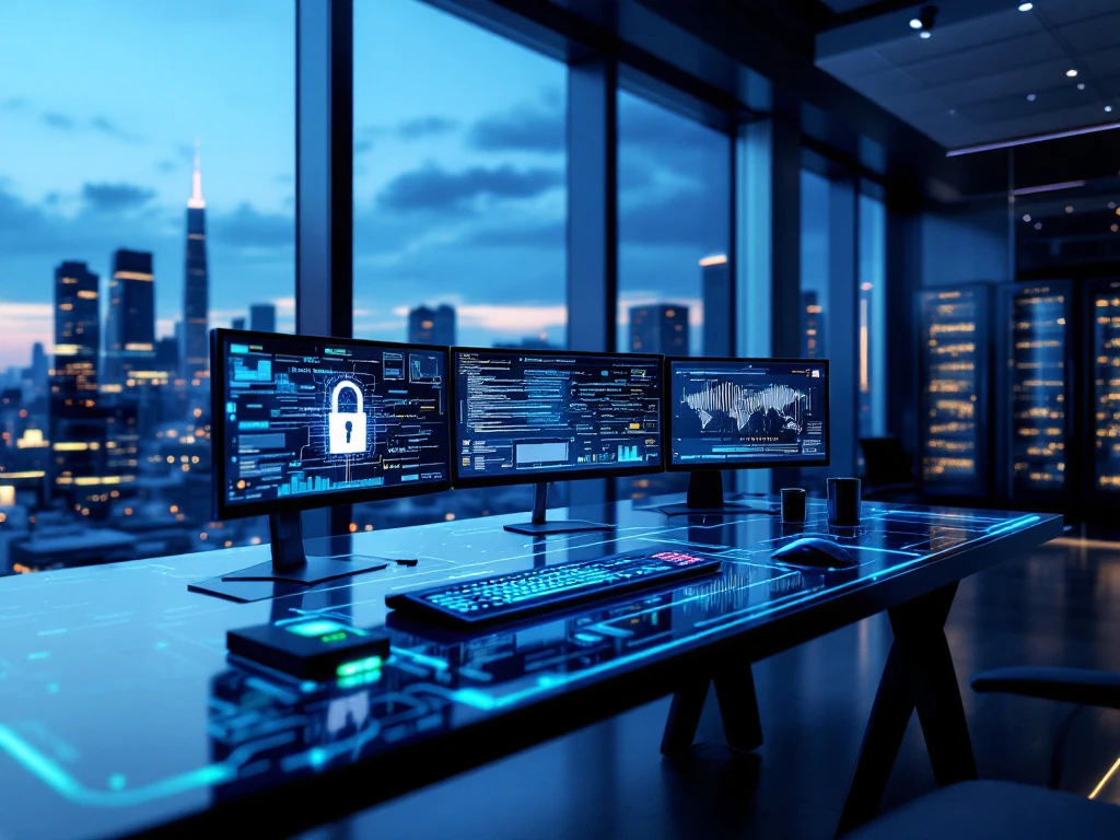 Modern cybersecurity workspace with monitors displaying security visualizations overlooking city skyline at dusk under blue-green ambient lighting.