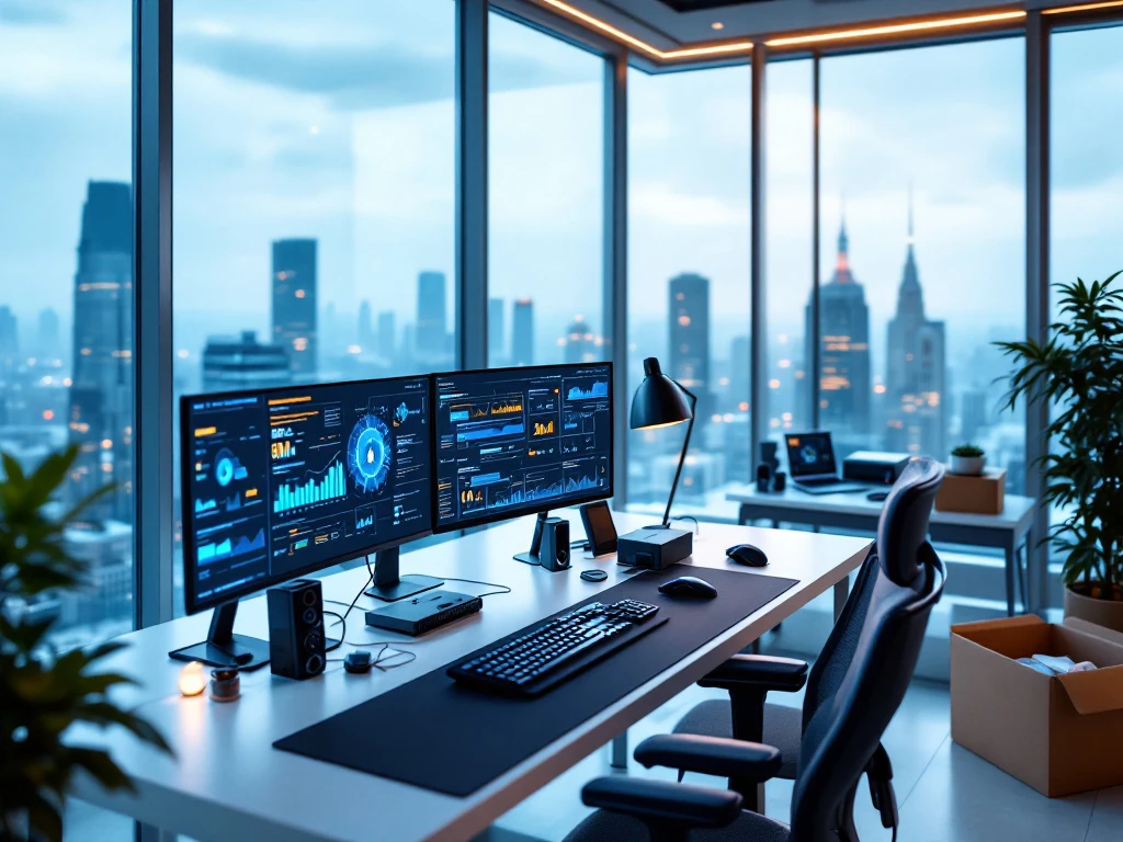Modern cybersecurity workstation with multiple monitors displaying data analytics in a sleek office with panoramic city views and transition elements.