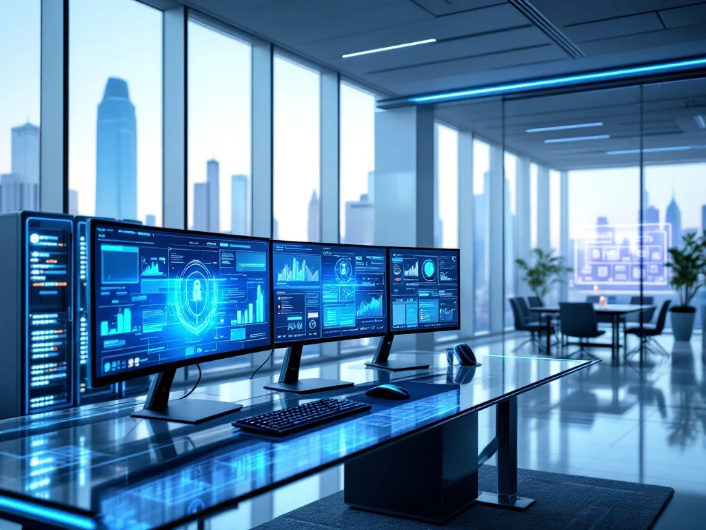 Modern tech office with cityscape views, multiple monitors displaying data visualizations, blue accent lighting, and secure server equipment nearby.