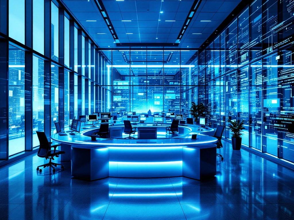 Modern cybersecurity operations center with curved monitor arrays displaying data visualizations in a light-filled professional environment