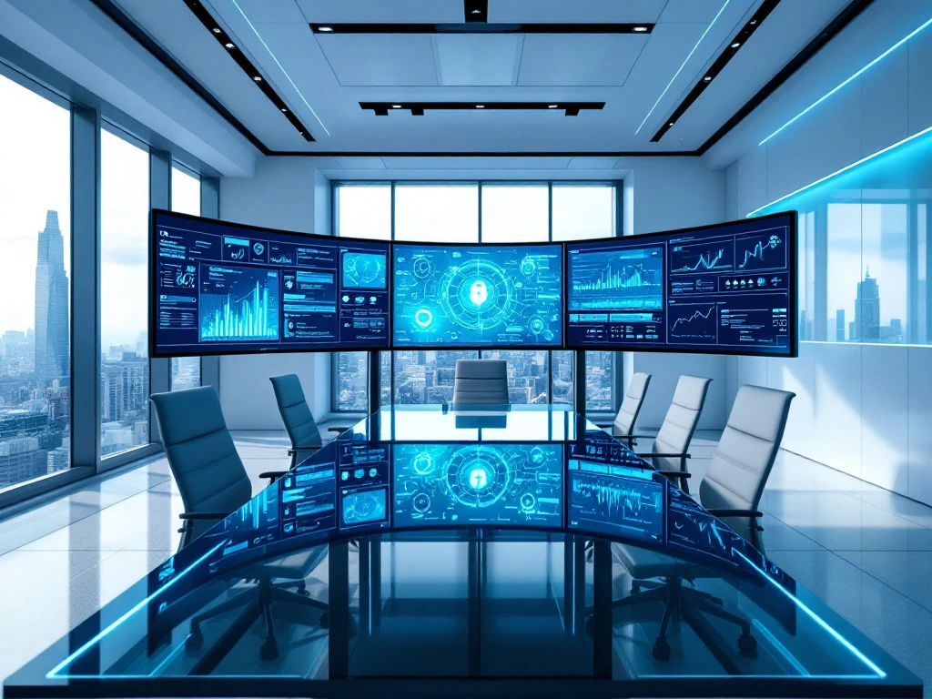 Modern cybersecurity operations center with curved monitors displaying data visualizations, glass conference table, and city views through floor-to-ceiling windows.