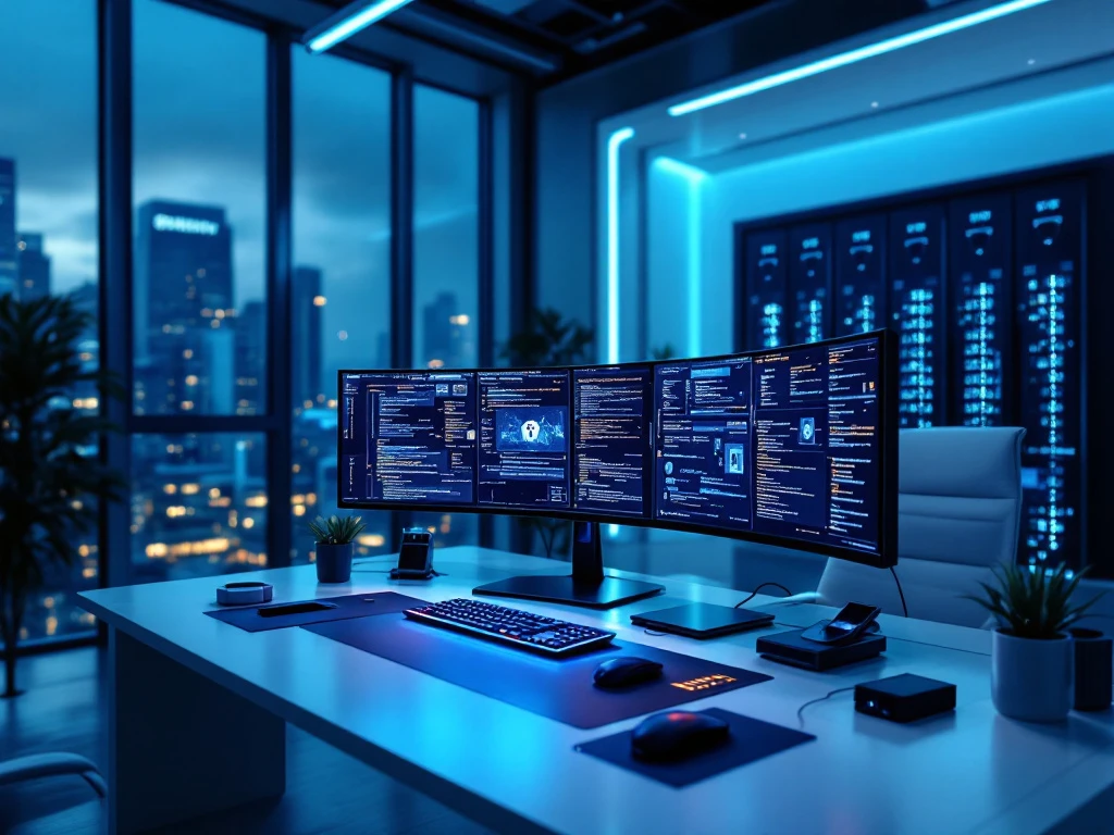 Modern cybersecurity operations center with curved monitors displaying security visualizations, bathed in natural light and blue ambient lighting.