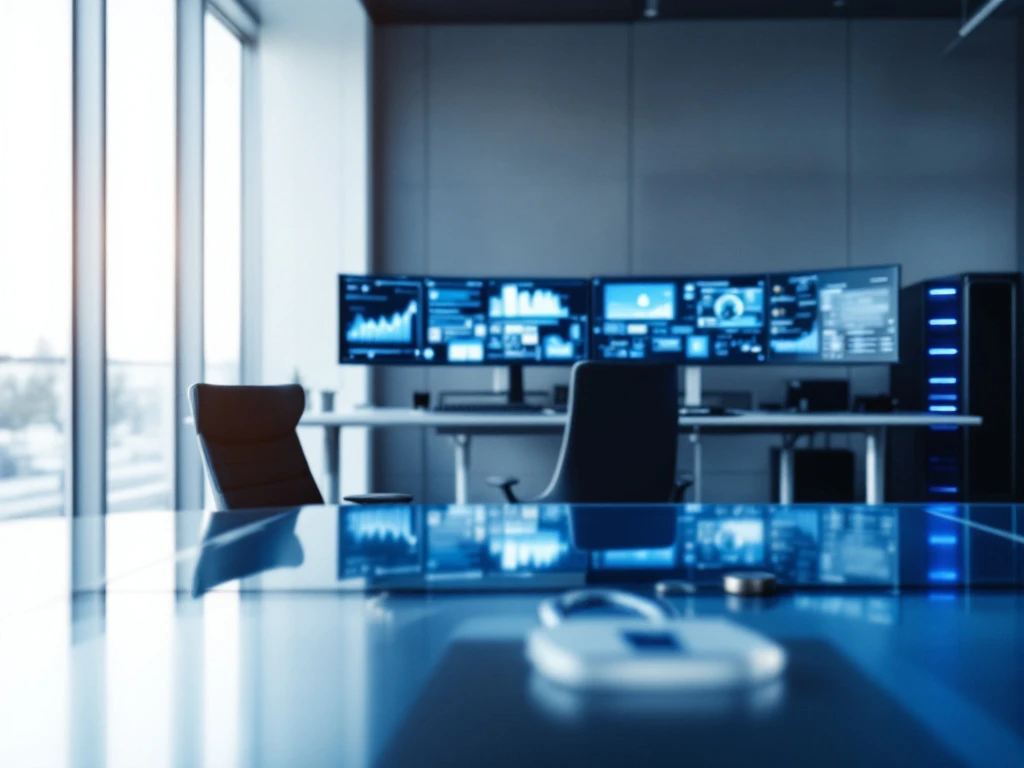 Modern cybersecurity operations center with dual workstations, security dashboards, and interview area, featuring minimalist blue and silver design