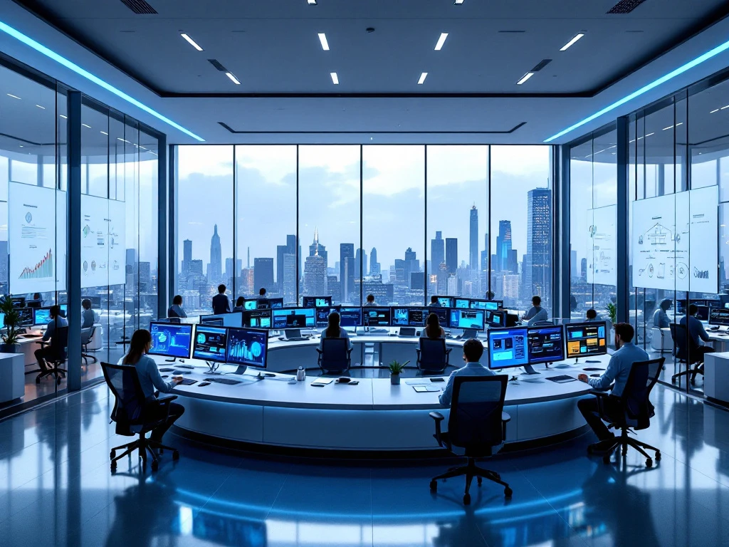 Modern cybersecurity operations center with analytics workstations, command screens and server equipment overlooking a city skyline.