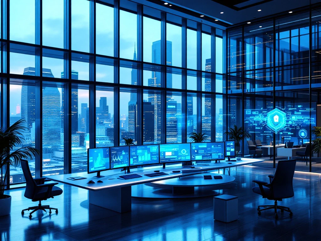 Modern cybersecurity operations center with multiple data visualization displays, minimalist workspace, and city views through floor-to-ceiling windows.
