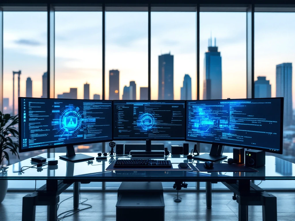Modern cybersecurity workspace with digital forensics station, multiple monitors displaying data visualizations, and specialized equipment against cityscape backdrop.