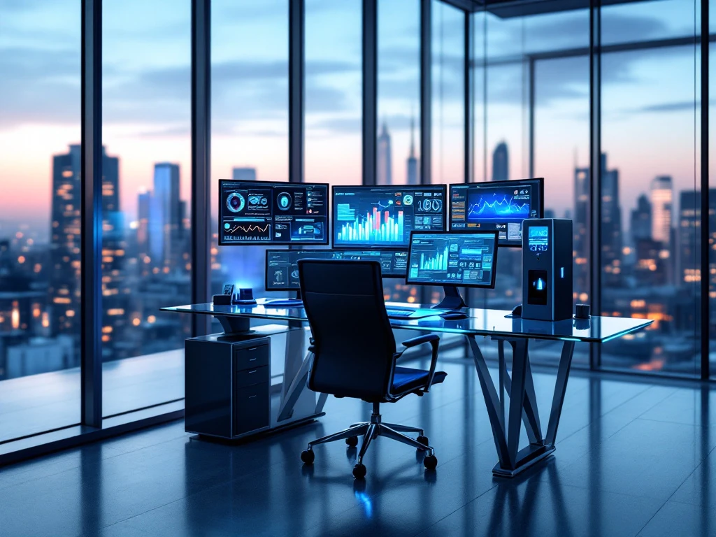 Modern cybersecurity workspace with multiple analytics monitors, glass desk, and biometric technology overlooking city skyline with blue accent lighting