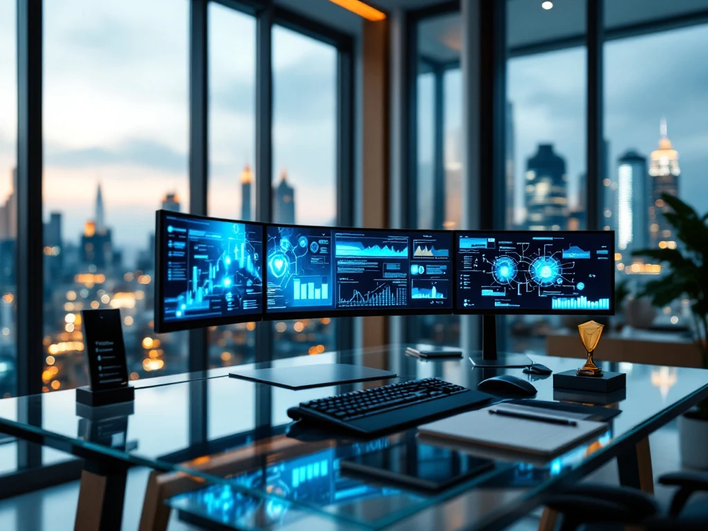 Modern cybersecurity workspace with multiple monitors displaying security analytics, set in a light-filled office with city skyline views and minimalist design.