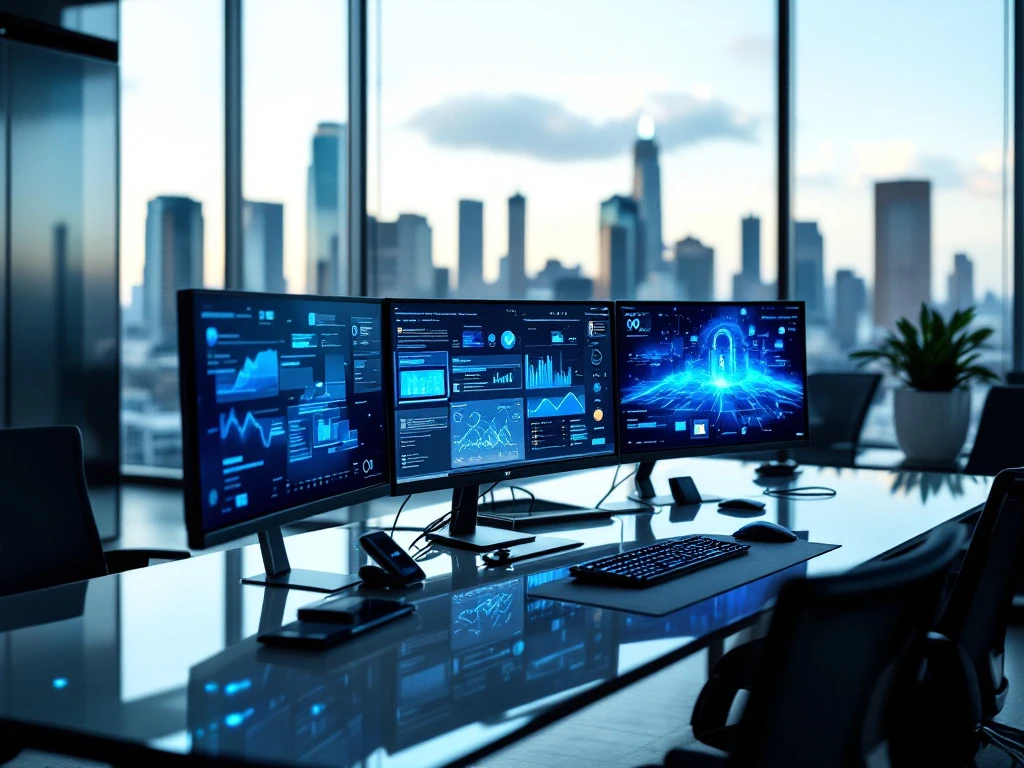Modern cybersecurity workspace with multiple data visualization monitors, blue backlighting, and floor-to-ceiling windows overlooking a city skyline.