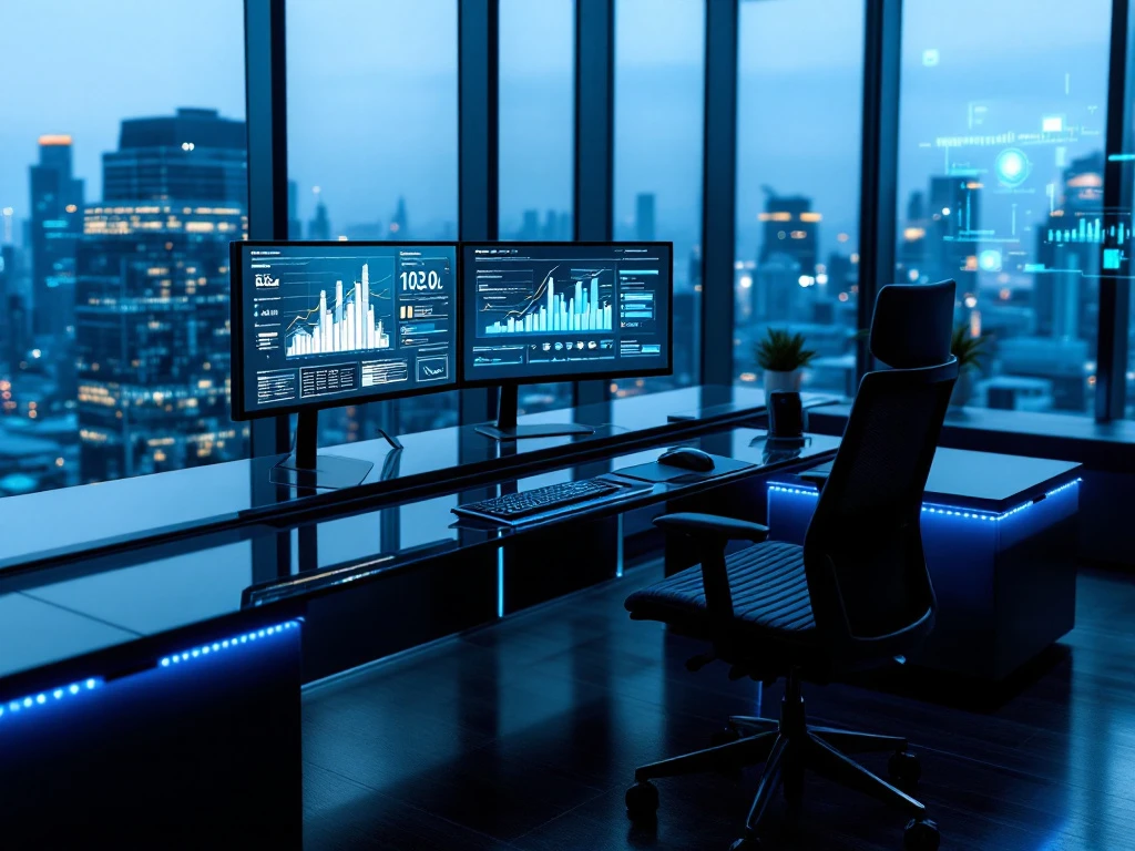 Modern cybersecurity workspace with analytics monitors, smart technology and city views in a sleek high-rise office