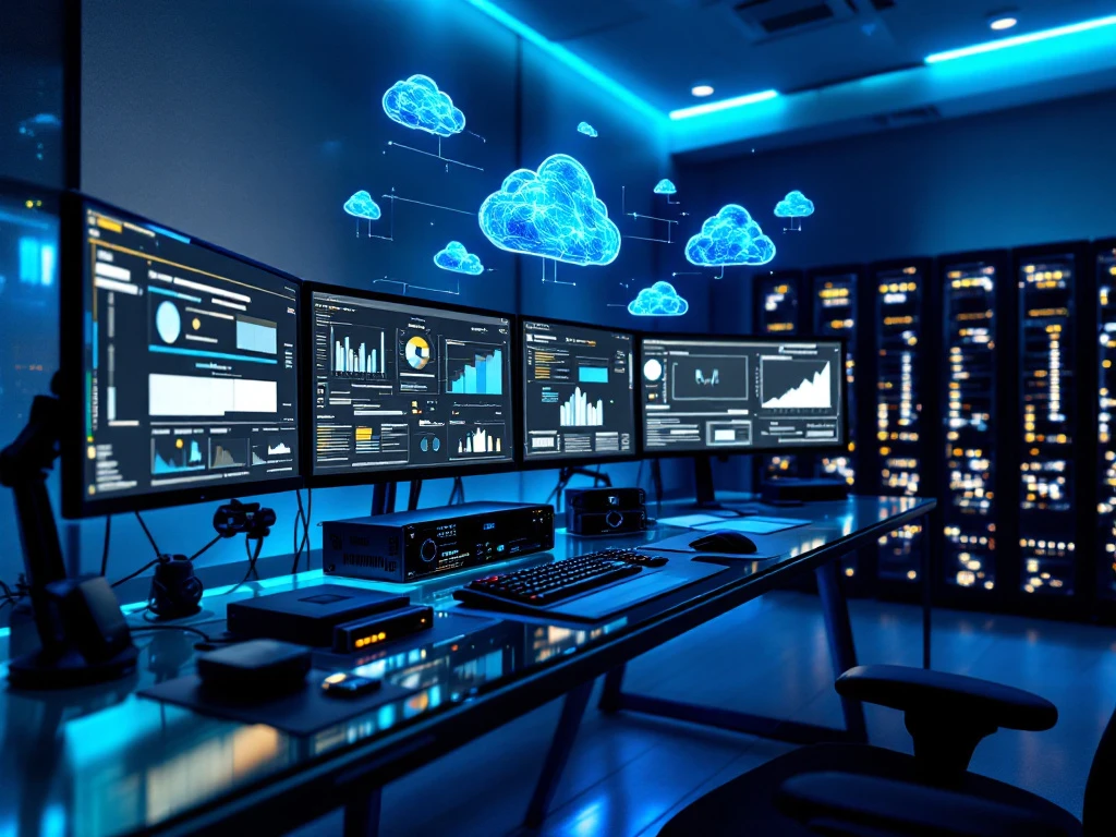 High-tech cybersecurity command center with multiple monitors displaying data visualizations, cloud diagrams, and forensics tools amid blue lighting.