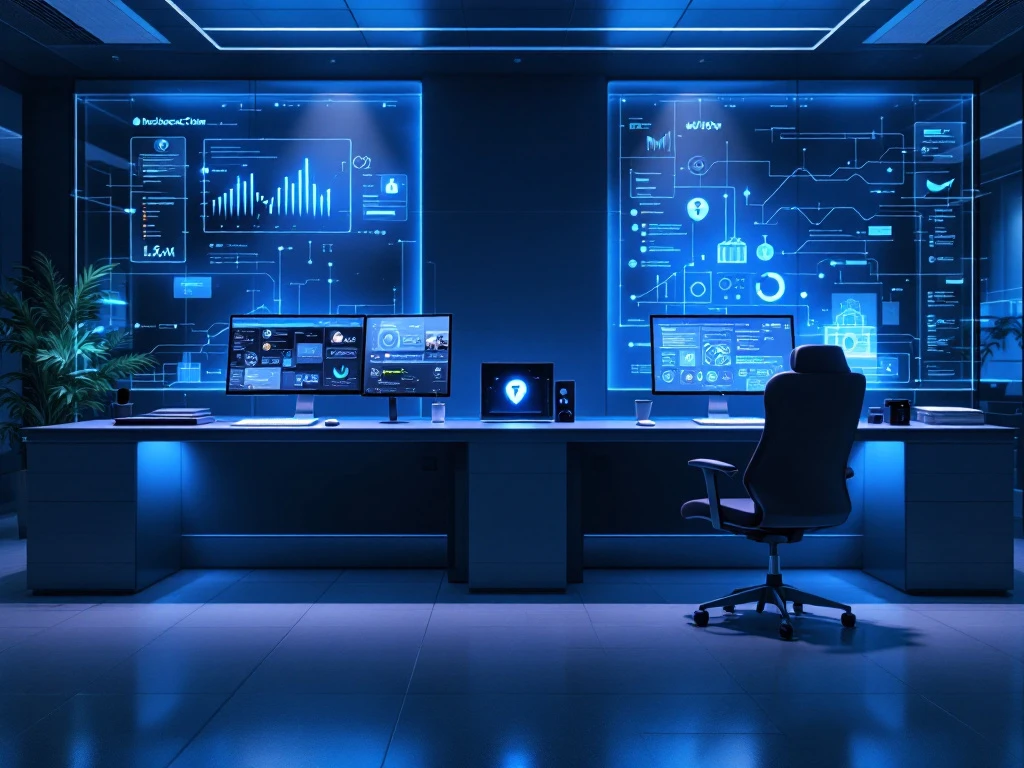 Cybersecurity command center with premium and budget workstations displaying security analytics under blue lighting with central firewall.