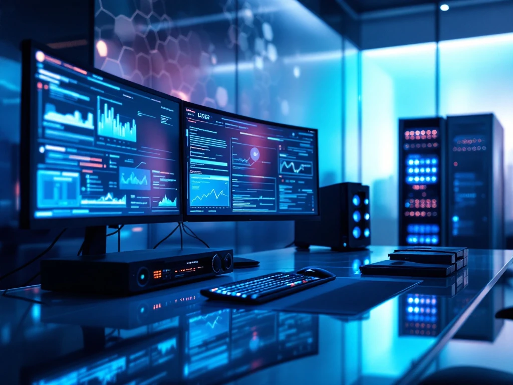 Modern cybersecurity command center with multiple forensics displays, specialized hardware tools, and ambient blue lighting against a hexagonal patterned glass wall.