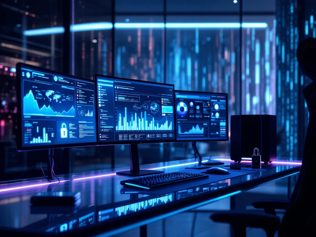 Modern cybersecurity command center with multiple monitors displaying data analytics, illuminated by blue-purple lighting that highlights security devices on a glass desk.