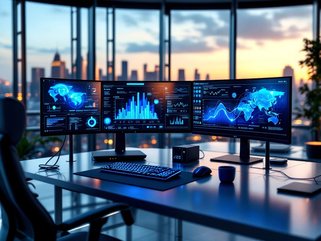 Sophisticated cybersecurity command center with multiple monitors displaying security analytics in a sleek office space with city views at dusk.