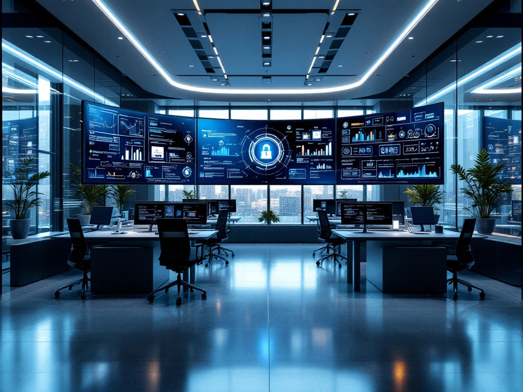 Cybersecurity command center featuring curved monitors, data visualizations, and ergonomic workstations in a modern office environment.
