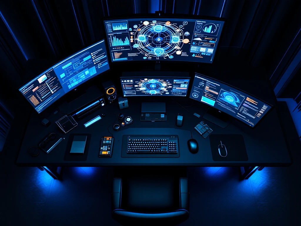 Cybersecurity command center with multiple analytics monitors, forensic tools, and blue-lit workstation designed for security investigations.