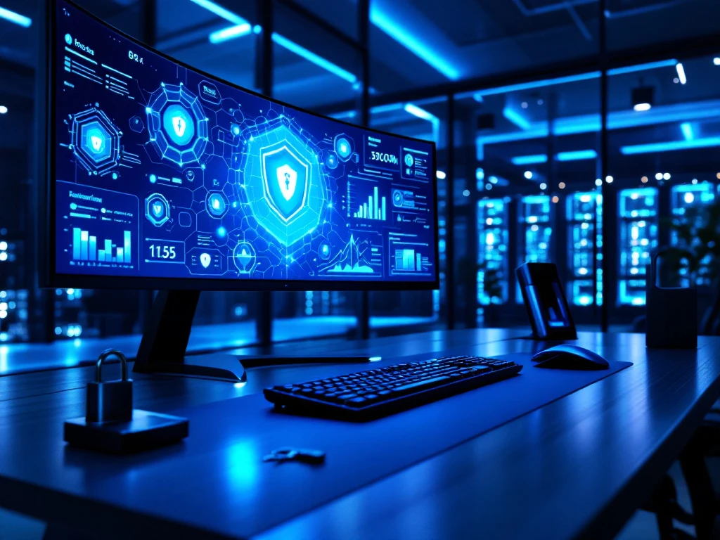 Modern cybersecurity command center with ultrawide monitors showing security dashboards, biometric scanner, and LED-lit server room.