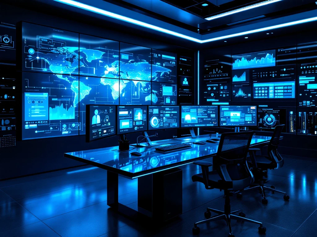 Modern cybersecurity command center with curved monitors displaying data visualizations in a sleek office space with blue ambient lighting and high-tech equipment.