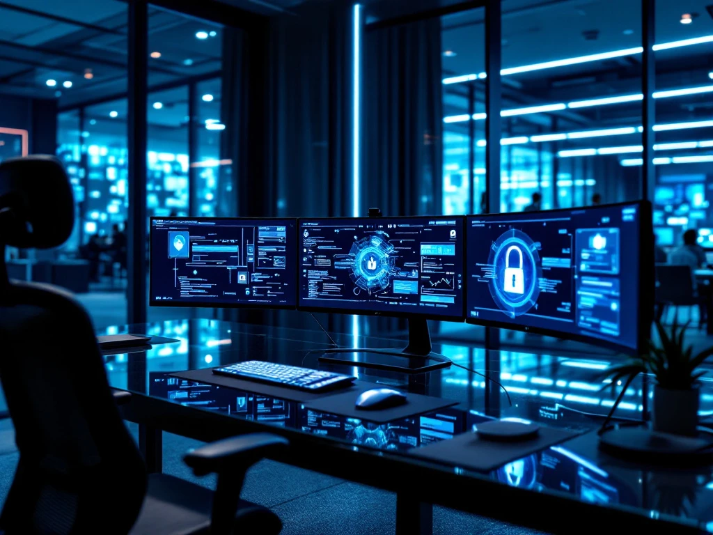 Modern cybersecurity command center with curved monitors displaying security visualizations in a sleek office with collaborative spaces and team meeting area.