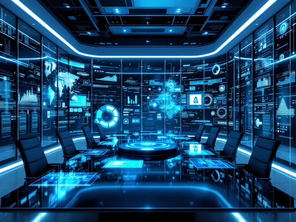 Ultramodern cybersecurity command center with curved monitors displaying security dashboards, network diagrams and holographic data under blue lighting