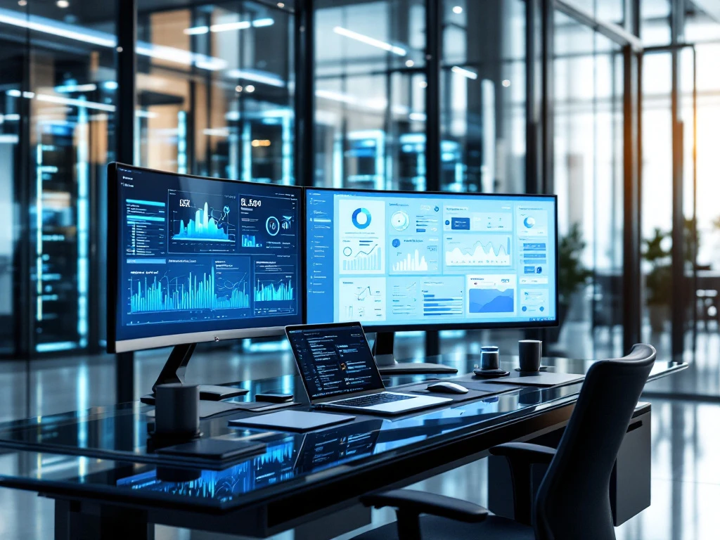 Modern cybersecurity workstation with multiple monitors displaying data visualizations in a light-filled office with visible secure server room.