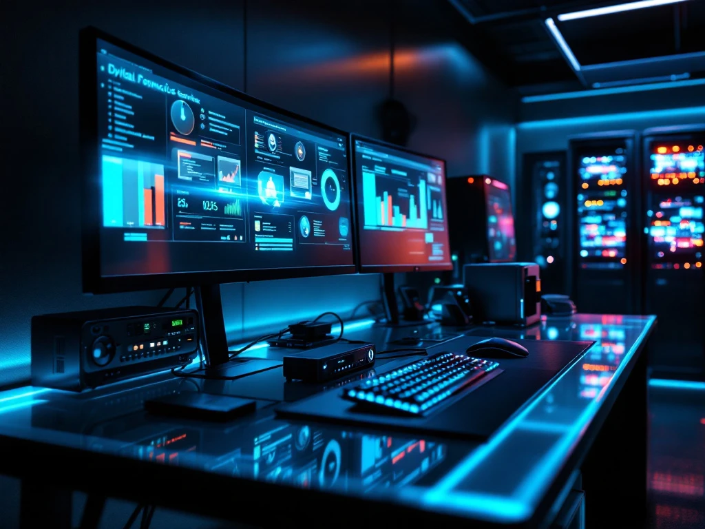 High-tech cybersecurity operations center with forensic tools, security dashboards, and specialized equipment under blue lighting.