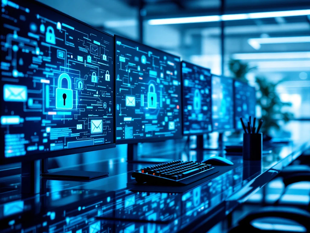 Modern cybersecurity workspace with monitors displaying encryption visuals, forensics toolkit, and email security analysis board in cool blue lighting.