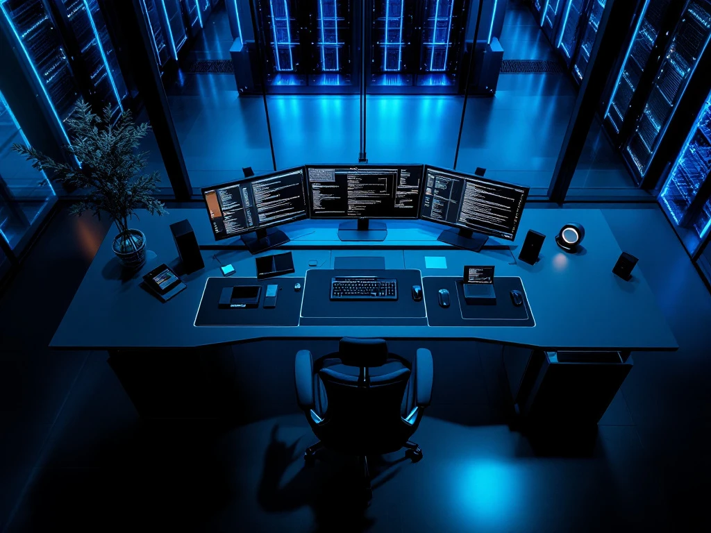 Overhead view of cybersecurity forensics workspace with monitors showing code, organized tools, and visible server room.