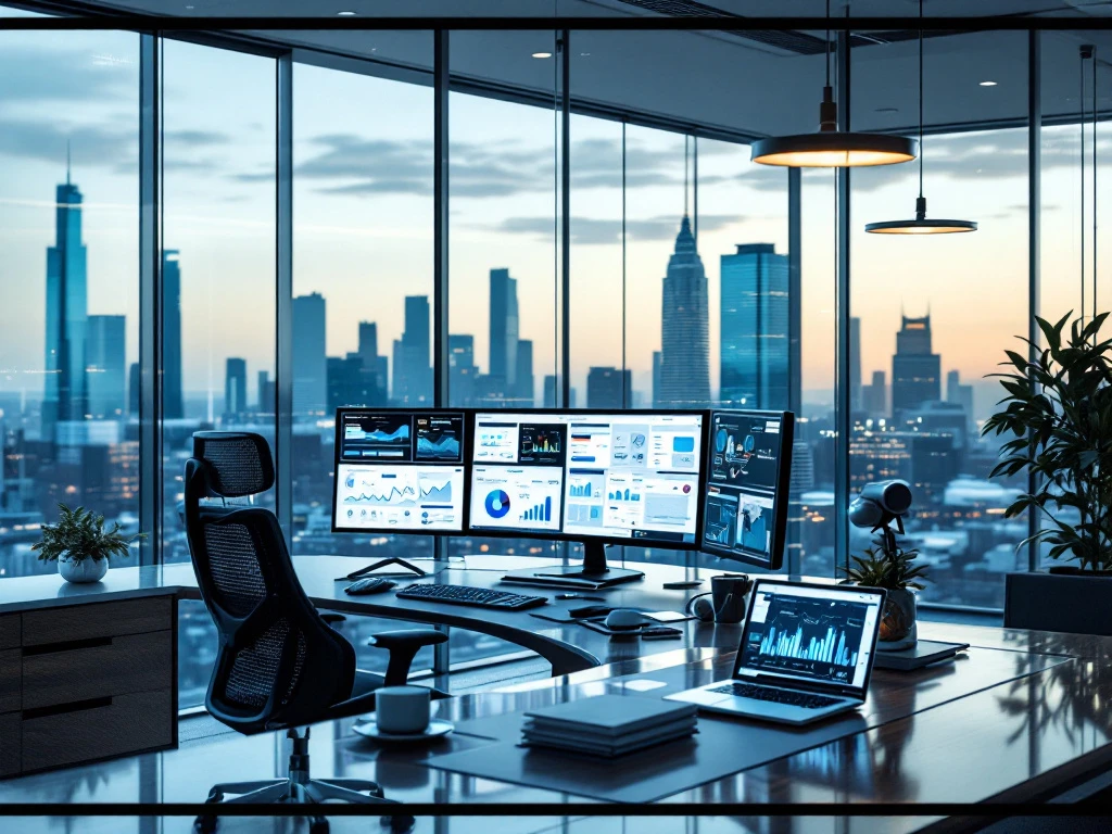 Modern cybersecurity workstation in elegant office space with multiple security dashboards, data visualization displays, and cityscape views.