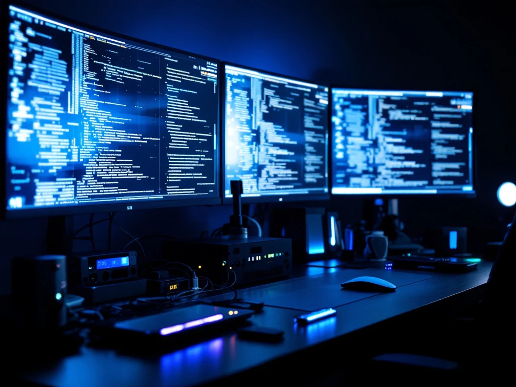 High-tech forensic workstation with multiple monitors displaying code and data, specialized digital investigation tools, and cool blue accent lighting.