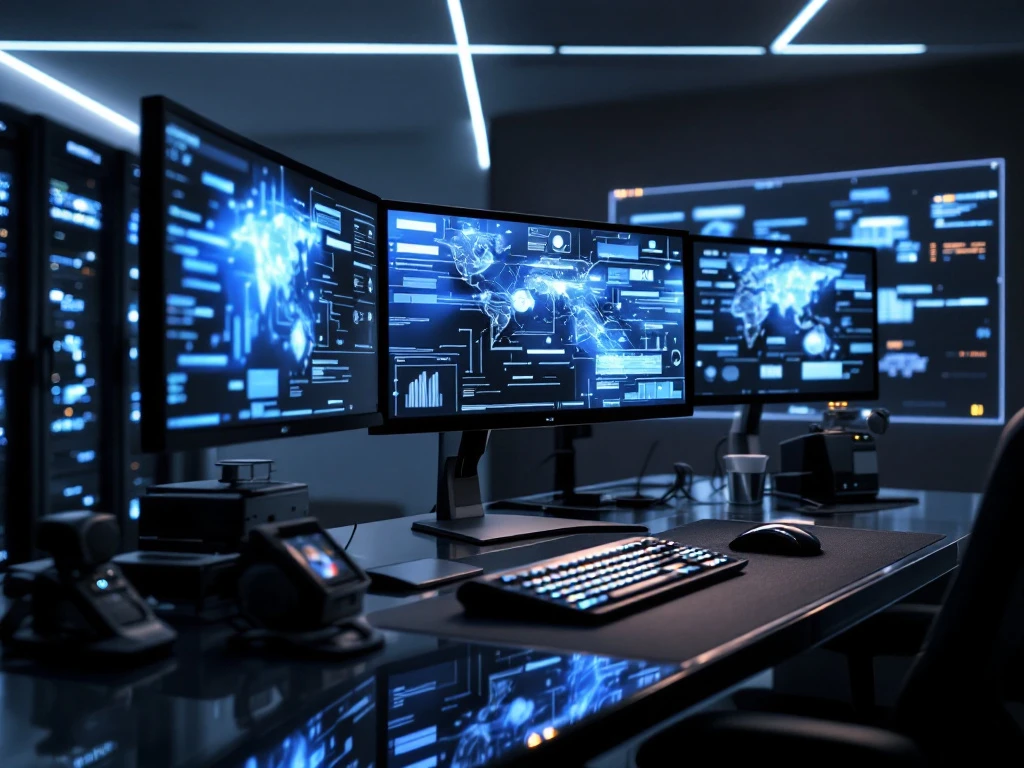 Modern cybersecurity forensic workstation with multiple monitors displaying blue visualizations, professional tools, and server racks in a sleek, high-tech environment.