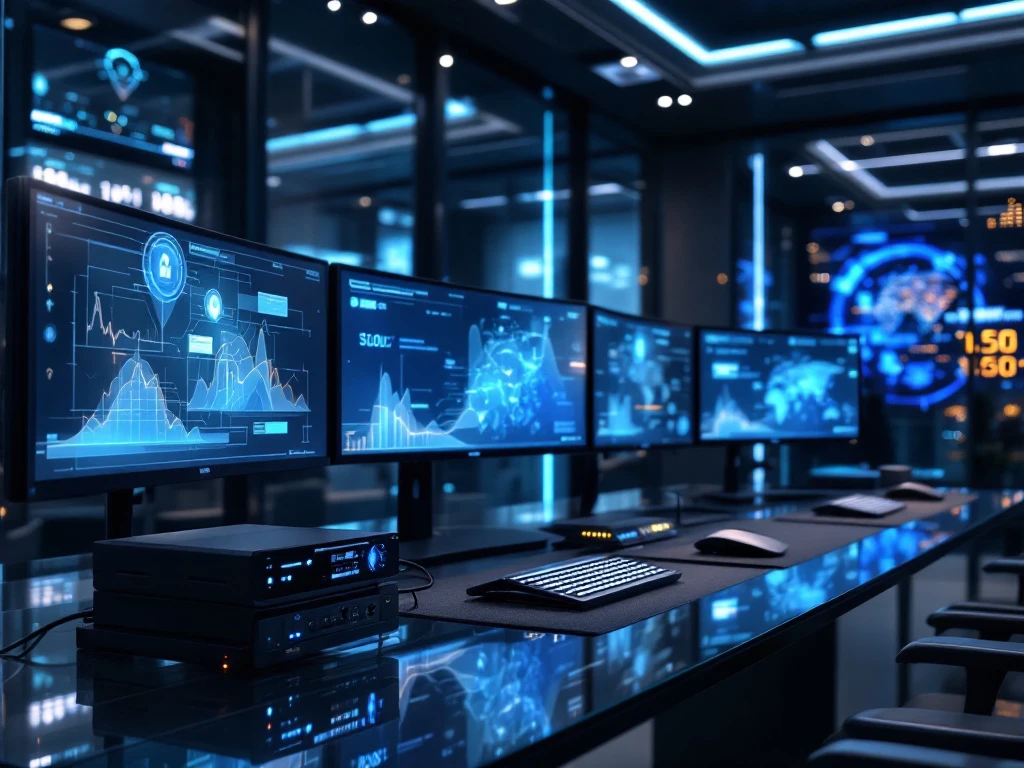 Modern cybersecurity operations center with curved monitors displaying security dashboards, forensic equipment on glass desk, and server racks with digital threat map in background.