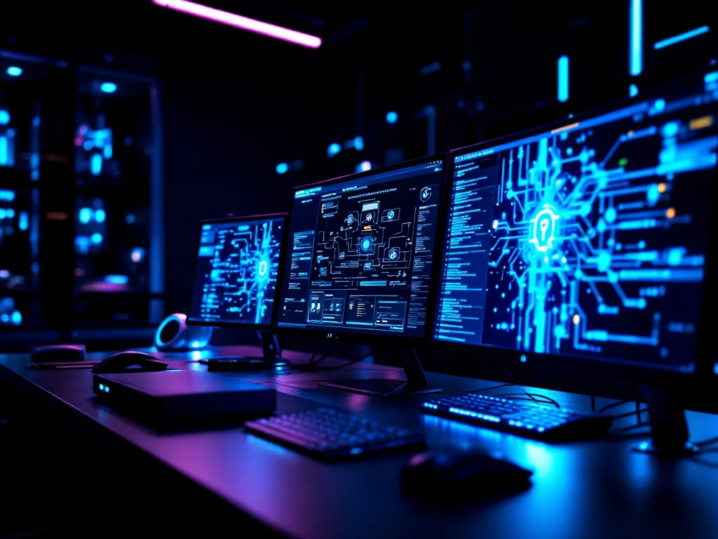 High-tech cybersecurity workspace with digital forensics displays, specialized hardware, and security operations center in dim blue lighting.