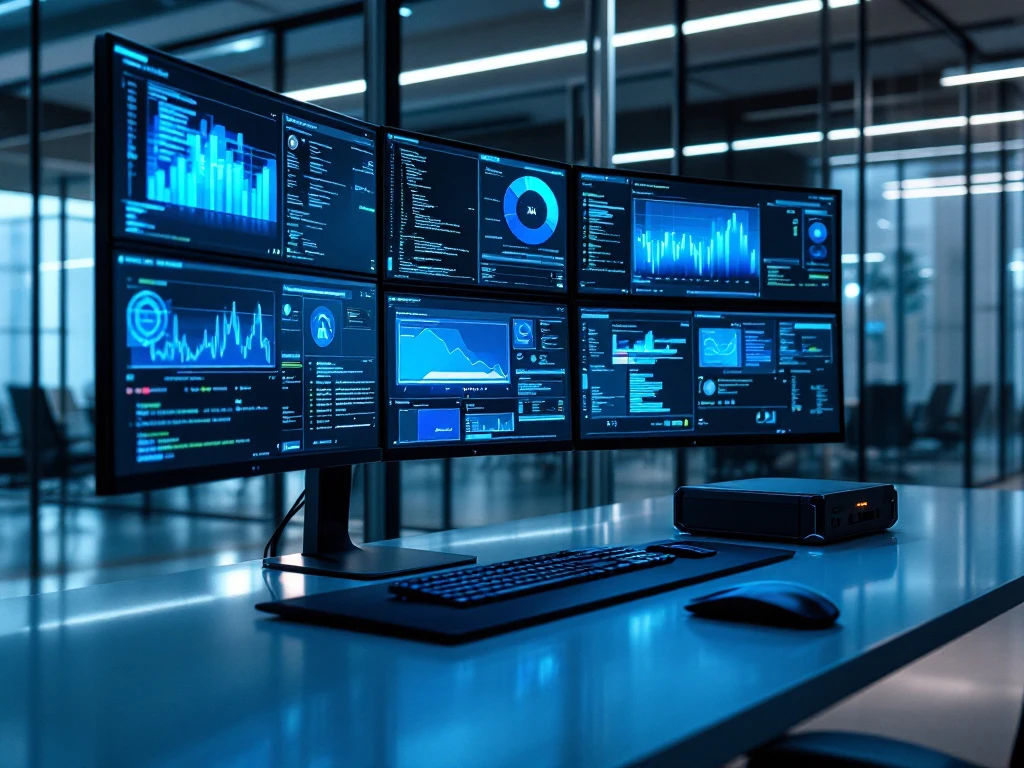 Modern cybersecurity workstation with multiple monitors displaying data visualizations and forensic tools in a sleek glass-walled office with blue lighting.