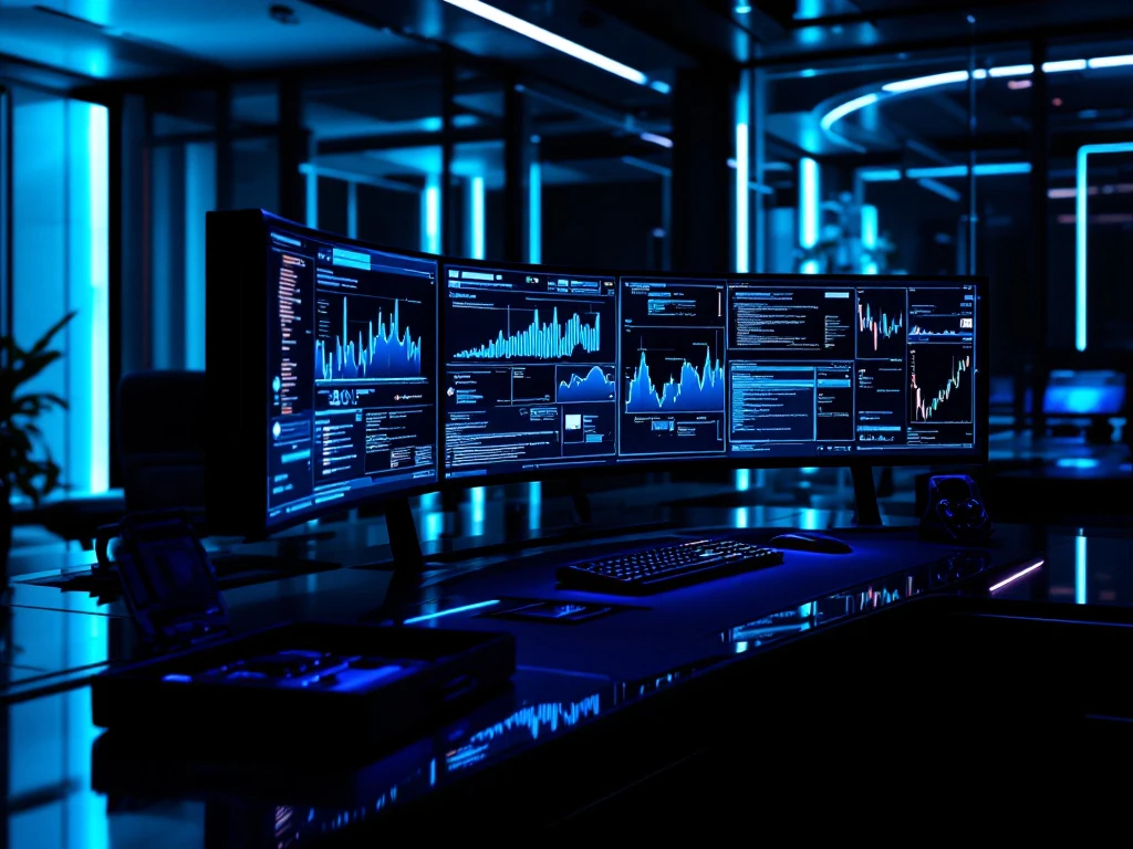 High-tech cybersecurity workstation with multiple displays showing data visualizations, digital forensics toolkit, and blue ambient lighting.