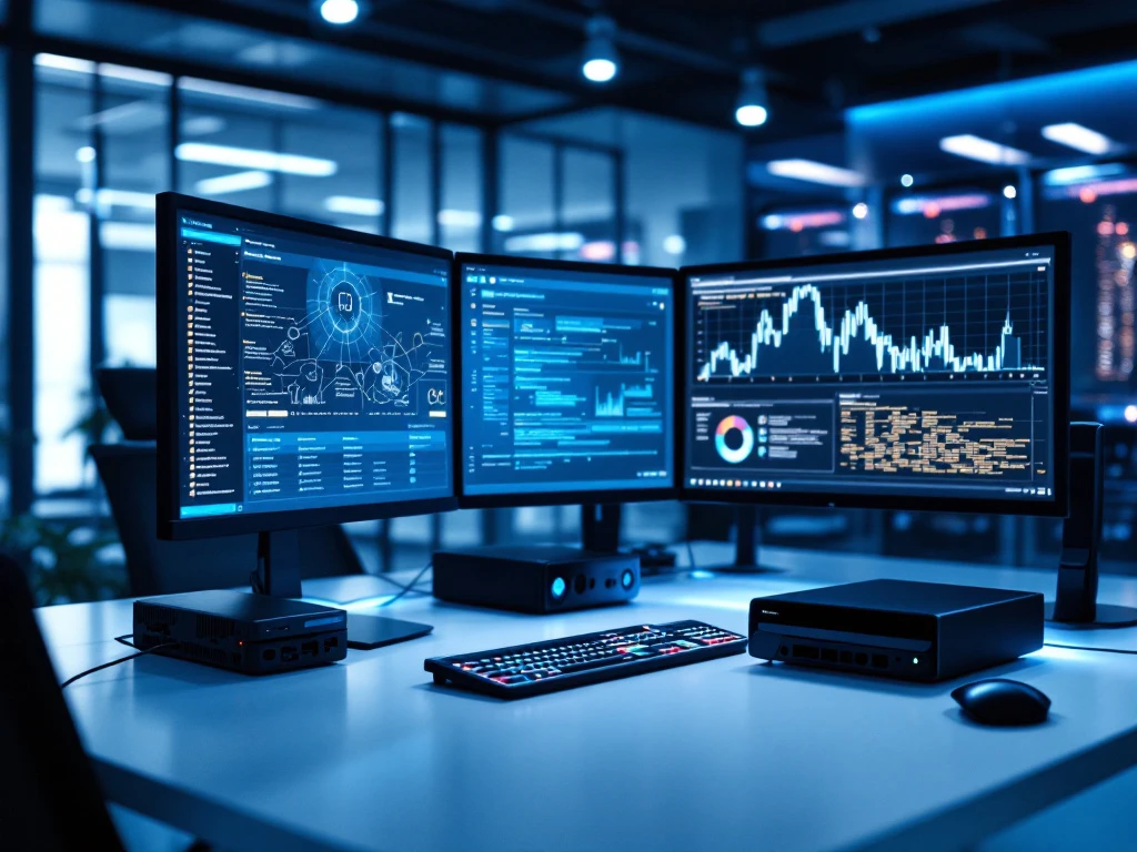 Modern cybersecurity workspace with forensic hardware, multiple monitors displaying security dashboards, and organized tools under blue ambient lighting.