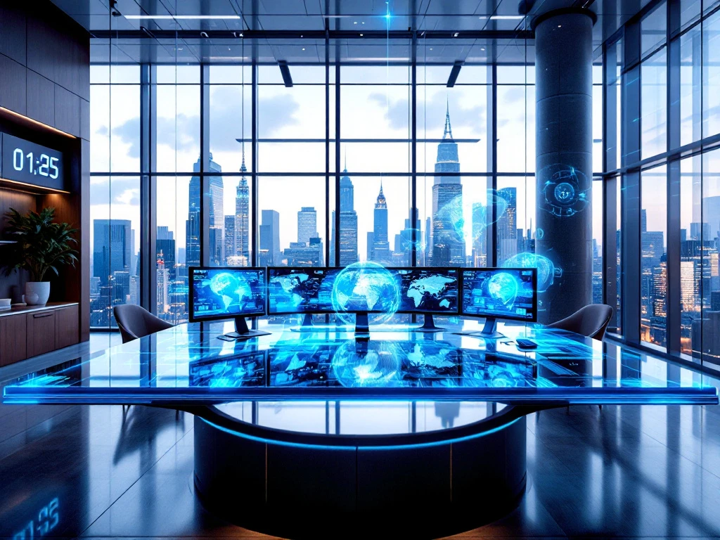 High-tech cybersecurity office with monitors displaying security visualizations, holographic globes, and cityscape views.