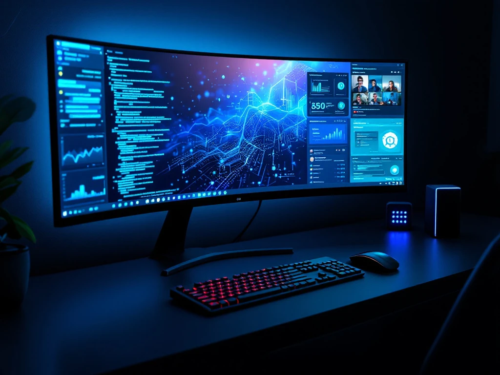 Modern cybersecurity home office with ultrawide monitor displaying security dashboards, vertical conferencing screen, and specialized peripherals in professional blue lighting.