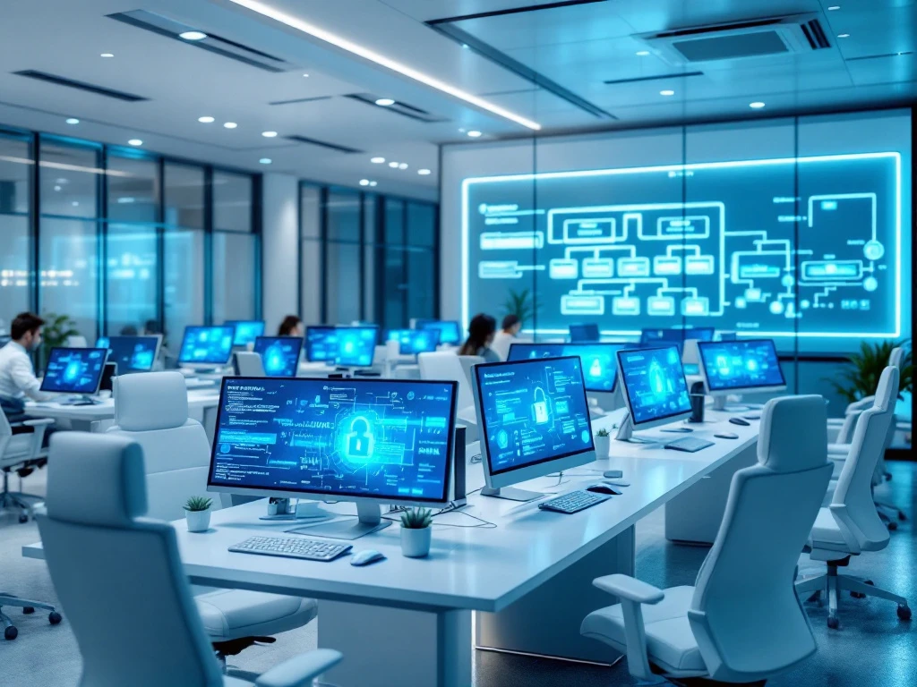 Modern cybersecurity office with ergonomic workstations, monitors displaying security interfaces, and glass conference room featuring digital organizational chart.