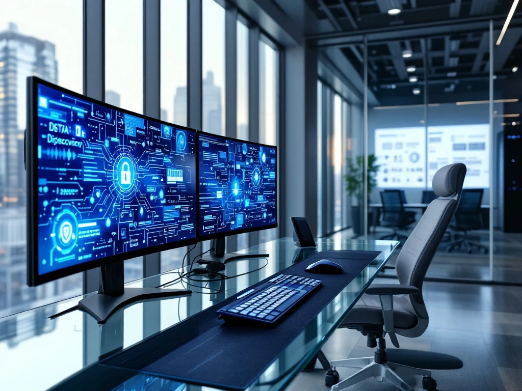 Modern cybersecurity workspace with monitors displaying security visualizations, glass desk, and city views through floor-to-ceiling windows.