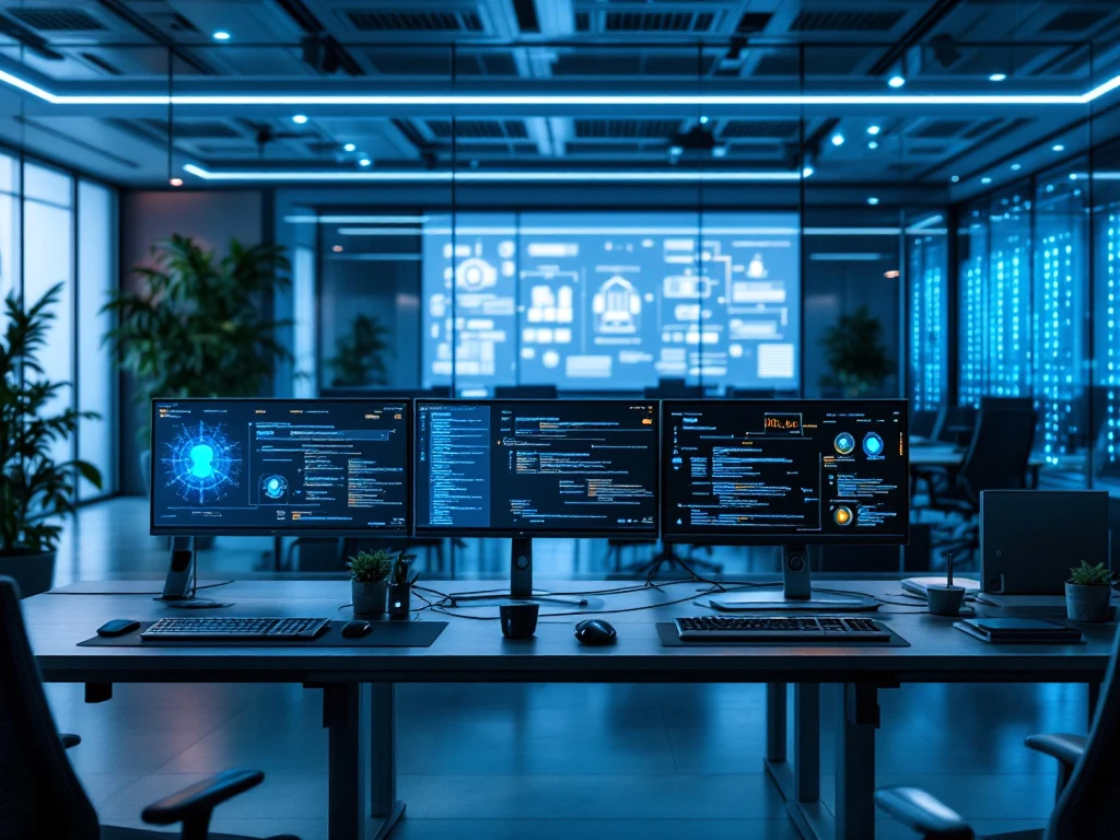 Modern cybersecurity office with dual-monitor workstations, blue ambient lighting, conference area with network diagrams, and server racks behind glass.