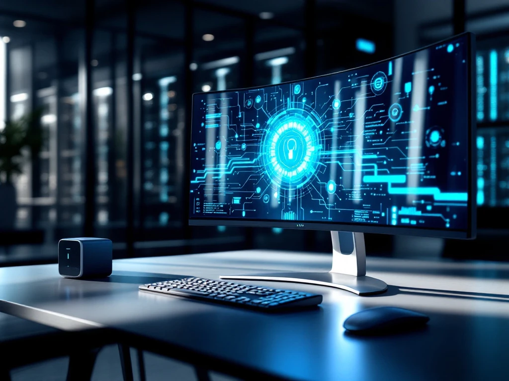 High-tech cybersecurity workspace with curved monitor, biometric authentication, and illuminated server room in blue tones