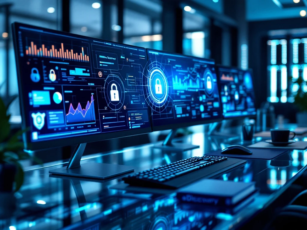 Modern cybersecurity workspace with multiple monitors displaying data analytics, blue ambient lighting, eDiscovery folders, and server rack in corporate environment.