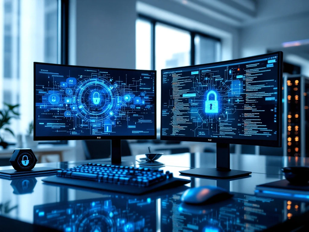 Modern cybersecurity workspace with dual monitors, blue-backlit mechanical keyboard, and authentication key on glass desk beside server rack with morning light.
