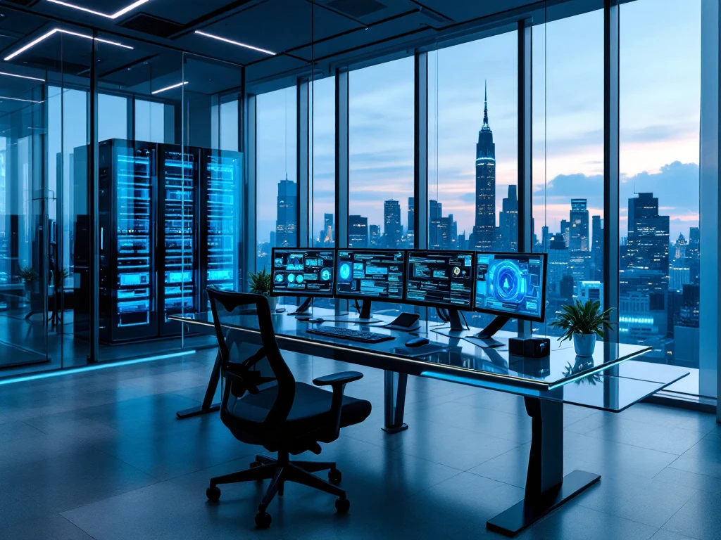 Modern cybersecurity workspace with multiple monitors displaying data visualizations, glass desk, blue lighting, and panoramic city views.
