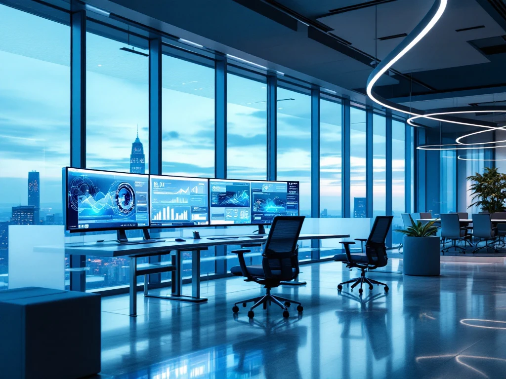 Modern cybersecurity workstation with multiple monitors displaying security dashboards in sleek office overlooking city skyline at dusk.