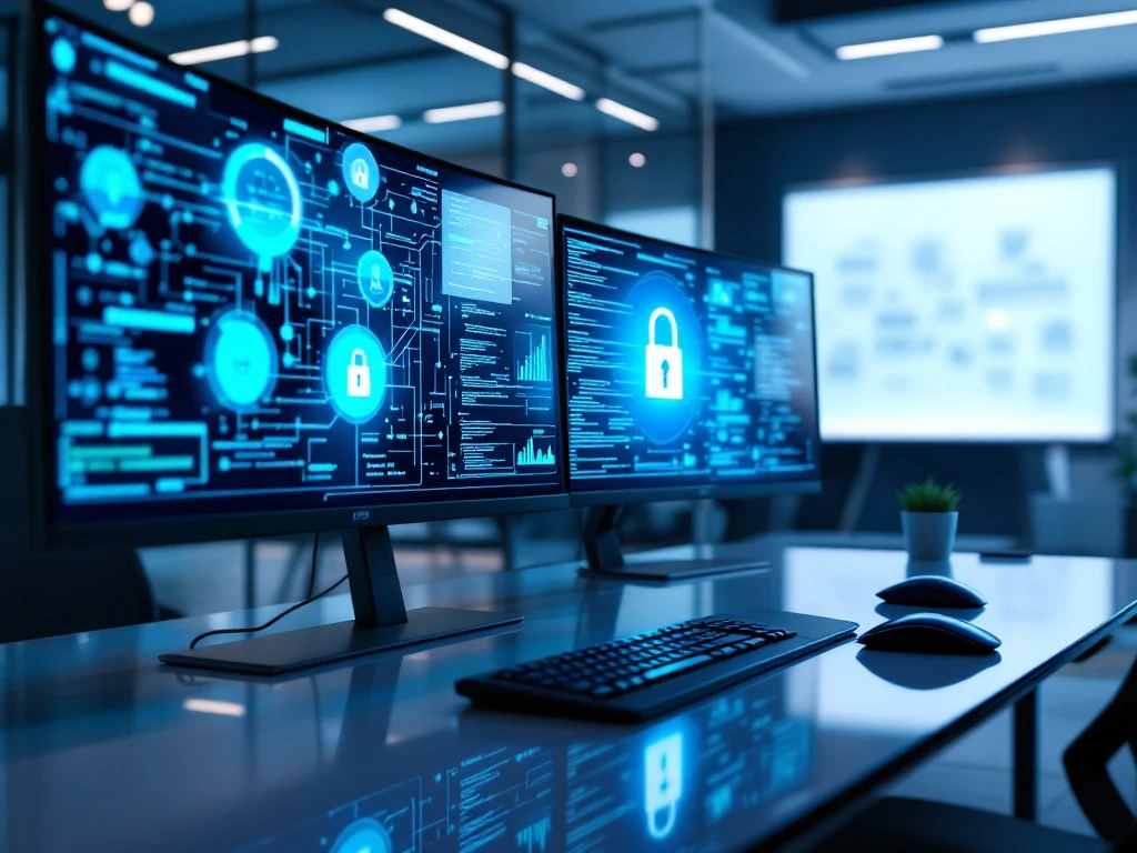 Modern cybersecurity workspace with monitors displaying security dashboards in blue tones. Glass desk with digital security elements.